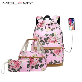Doamnelor Panza Rucsac cu Print Floral 3pcs Set în aer liber Feminin Elev de gimnaziu Sac USB, Geanta de Calculator de Masa Creion Geanta Sac 2021