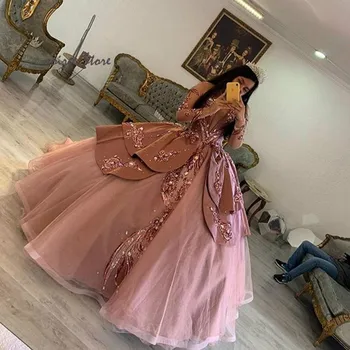 Dusty Pink Princess Rochii Quinceanera 2020 Cu Aur Roz Cu Paiete, Maneca Lunga Sweet 16 Puffy Concurs Rochie Vestidos De 15 Ani