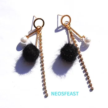 Elegant Hairball Ureche Stud Pluș de Culoare Negru Cercei Cu Ciucure de Lux Pearl Ureche Picătură Cercel pentru Femei Cadouri de Bijuterii de Moda