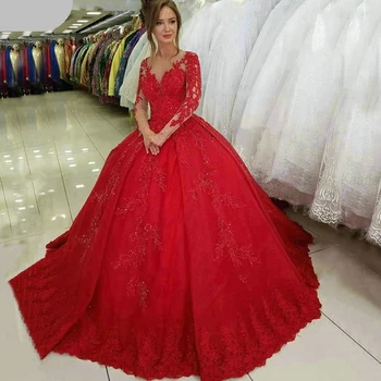 Elegant Roșu rochii de mireasa 2021 Lux Dantelă Aplicatiile O-linie V - Gât Mâneci Lungi Pur rochie de Bal rochii de Mireasa