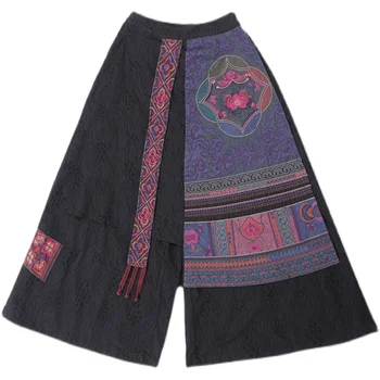 Etnice Harajuku Femei Pantaloni Fuste Chineză Stil Vintage Lungi Largi Picior Pantaloni Fusta Lenjerie De Pat Din Bumbac Ciucure Mozaic Broderie Noi 4