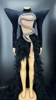 Exagerat de Umăr Sexy rochii negre Gogo performanta noapte comerciale show de catwalk Lady Gaga pene negre gol costum