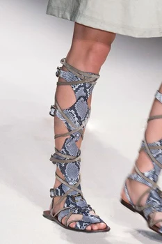 Femei De Moda Python Curea Din Piele Bandaj Plat Sandale Cizme Peep Toe Catarama Genunchi Ridicat Cizme De Vara Gladiator Taie Papuceii