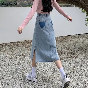 Femei Denim Fuste Harajuku Midi fantă Laterală Inima Slim Retro Adolescenți de Moda Populare S-4XL Fese de Înaltă Calitate de zi cu Zi Chic Ins