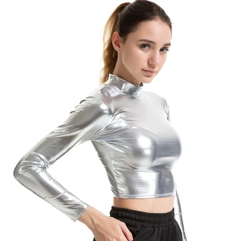 Femei din Metal Maneca Lunga se Taie partea de Sus Holografic Strălucitoare Guler Înalt Camasa Cosplay Lipite de Performanță Rochie Slim Bluza