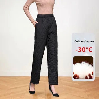 Femei Iarna Pantalonii De Cald Mare Elastic Talie Pantaloni De Bumbac Căptușit Matlasat Drept Drept Pantaloni Largi Picior
