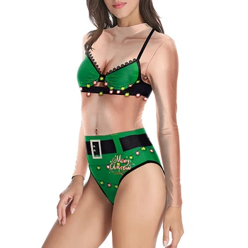 Femei Sexy Body de Craciun de Imprimare de costume de Baie intregi Stand Up Guler Mâneci Lungi Vii Imprimare 3D Salopeta, Costume de baie 4