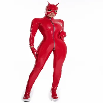 Femei Sexy Wetlook Latex Catsuit cu Masca PVC Imitatie de Piele Salopeta Doamna Erotic Costum PU Lenjerie Body Clubwear Plus Dimensiune 0