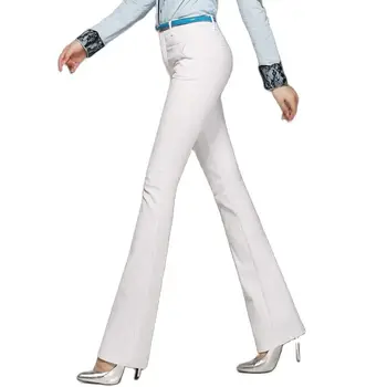Femei Slăbire Primavara-Vara Bumbac Pantaloni Flare Subțire Întinde Casual Culoare Solidă Albă Kaki Talia Medie Birou OL Pantaloni S