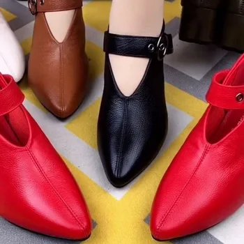 Femei Tocuri inalte Primavara Toamna Noua Moda din Piele Moale Pompe de Sandale Stil coreean a Subliniat Toc Gros Pantofi 0