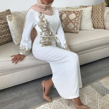 Femeile Musulmane Dubai Abaya Maneca Lunga Maxi Rochie de Dantelă Florale ștrasuri din Mărgele Hijab Caftan X4YC