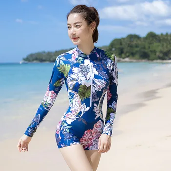 Fermoar Frontal Tricou Cu Maneca Lunga-O Singură Bucată De Costume De Baie Pentru Femei Costum De Scufundări Traje Surf Mujer Costum Coreeană Costume De Baie Noi