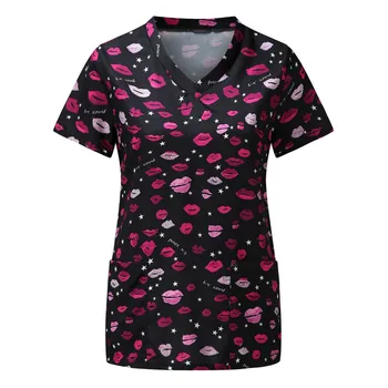 Fluture de Imprimare Îngrijitor Tunica Femei Topuri Asistenta Uniformă de Spital Lucrător Ocazional Short Sleeve V-neck T-shirt Enfermeira bune echipamente 3