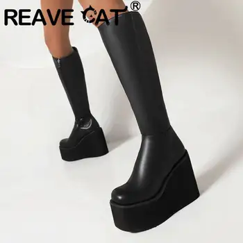 FURA CAT Doamnelor Genunchi-Cizme înalte 37cm Rotund Toe Pene cu Toc de 11.5 cm, Platforma de 6 cm cu Fermoar Plus Dimensiune 43 Solid Iarna Punk Pantofi