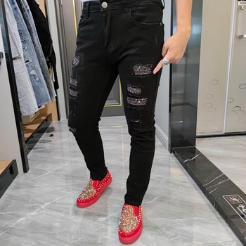 Gaură Neagră Jean Pantaloni Pietre Mozaic Rupt Dresuri Jean Barbati Brand European Jean Pantaloni Barbati Slim Stretch Jean Pantaloni Din Denim 0