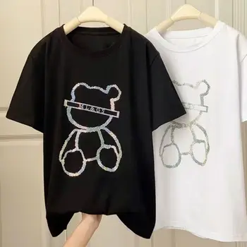 Grele Stras Moda cu Maneci Scurte T-shirt Femei 2022 Noi de Vara-coreean Ursul Desene animate cu Margele Vrac Mid-Lungime Tricou de culoare Roz, partea de Sus 2