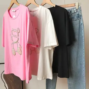 Grele Stras Moda cu Maneci Scurte T-shirt Femei 2022 Noi de Vara-coreean Ursul Desene animate cu Margele Vrac Mid-Lungime Tricou de culoare Roz, partea de Sus 3