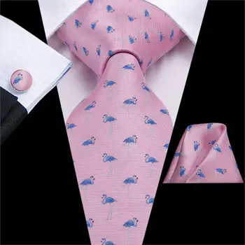 Hi-Cravată Flamingo Imprimare Cravate de Mătase Pentru Bărbați Batiste, Butoni Set de Desene animate Florale Mari Bărbați Cravată Cadou Pentru Barbati Jacquard Gravata