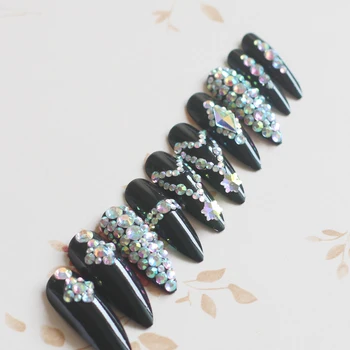 High-end de moda, super-lungi ovale subliniat unghii false slim art salon de unghii crystal diamond nail colier Fulg de nea