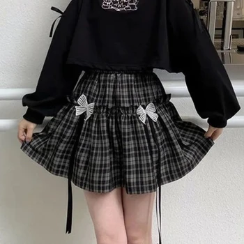 HOUZHOU Kawaii Lolita Gotic Fusta Carouri Femei Goth Arc Negru de Înaltă Talie O-linie Fuste Mini Stil Japonez Harajuku Moale Fata