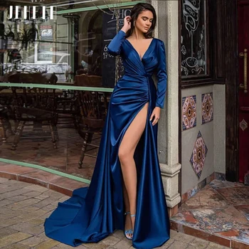 JEHETH Bleumarin Elegant V-Gât Rochie de Seara din Satin Sexy Mâneci Lungi Înaltă Split Rochii de Bal pentru Femei Matura-Tren Robe De Soirée