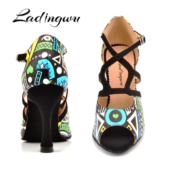 Ladingwu Brand de Dans latino Pantofi Femei Albastru/Portocaliu Africane textura dansurile de Bal Pantofi Pentru Doamna de Dans Salsa Pantofi de piele de Căprioară Negru
