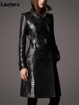 Lautaro Toamnă Lungă și Neagră de Crocodil Model Pu Piele Trench pentru Femei Curea Dublu Rânduri Elegant Stil Britanic de Moda