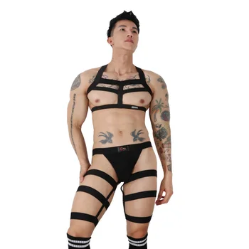 Lenjerie De Corp Pentru Bărbați Sexy Curele De Harnașament Picior Curea Boxeri Șosete Lungi Robie Lenjerie Elastic Erotic Costum Set Fetish Ciorapi Hombre