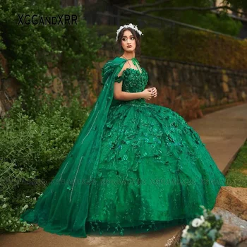 Lux Verde Rochii Quinceanera 2022 cu Capul 3D Flori Rochie de Minge de pe Umăr Printesa Balului Concurs Ziua De 15 Vestidos