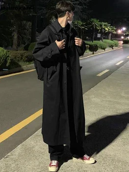 Mauroicardi De Primăvară De Toamnă Lungă Supradimensionat Negru Kaki Trenci Barbati Maneca Raglan Singur Pieptul Liber Casual Moda Coreeană