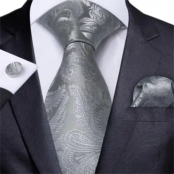 Mens Cravata Argint Solid Paisley Nunta Cravată Pentru Bărbați Batista Butoni Cravata De Matase Set DiBanGu Designer De Afaceri De Partid N-7182