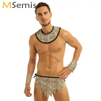 Mens Leopard Imprimate Set De Lenjerie Club Erotic Salbatic Caveman Cosplay Costum Guler Loincloth+Bratara Sissy Roleplay Îmbrăcăminte De Noapte