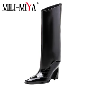 MILI-MIYA Design de Brand din Piele de Calitate Femei Sexy Aluneca Pe Pliante Genunchi Ridicat Cizme Elegante Square Toe Tocuri Groase Petrecere, Pantofi