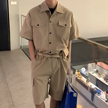 Moda de sex masculin cu Curea de Piele Geanta Barbati Cargo Salopete Streetwear coreean Salopetă Buzunare Maneca Scurta Butonul de Salopete Femei Bărbați 0