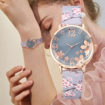 Moda Florale Ceasuri pentru Femei Brățară Elegant Ceas de Curea din Piele Cuarț Ceas de mână de Lux Doamnelor Rochie Ceas Reloj Mujer 0
