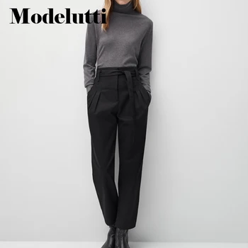 Modelutti 2022 Nouă Primăvară De Toamnă Centura Falduri Pantaloni Cu Talie Înaltă Subțire De Modă De Culoare Solidă Simplu Femei Pantaloni Casual Femei