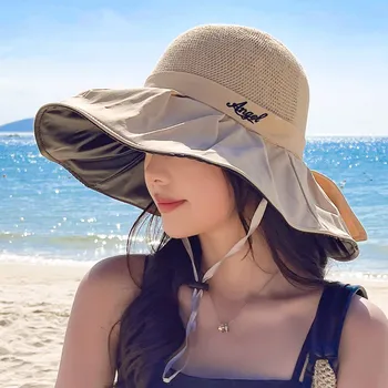 Nouă Femei Pălărie de Vară de Moda Scrisoare Broderie Arc de Design Paie Pălărie de Soare de sex Feminin de Călătorie Plaja Găleată Pălărie