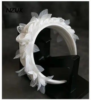 NZUK franceză Floare Albă Hairband femei elegante, flori tiara mireasa păr Satin purta Accesorii de par tocados 0