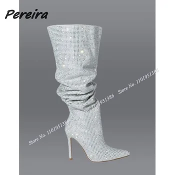 Pereira Cristal Solid Genunchi Ridicat Cizme Plisate Aluneca pe Toc Stiletto Subliniat Toe Pantofi pentru Femei Tocuri inalte Zapatillas Mujer 1