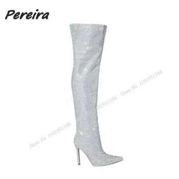 Pereira Cristal Solid Genunchi Ridicat Cizme Plisate Aluneca pe Toc Stiletto Subliniat Toe Pantofi pentru Femei Tocuri inalte Zapatillas Mujer 4