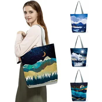 Pictură În Ulei Pădure De Munte Imprimare De Cauzalitate Tote Geantă Shopper Cumpărături, Genți De Mână De Femei Doamnelor De Agrement Umăr Geanta De Plajă În Aer Liber