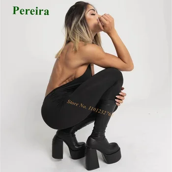 Platforma Indesata Toc Cizme de Designer pentru Femei Rotund Toe Negre din Piele Alunecare Pe Solidă 2022 Elegant New Sosire Lux, Stradal Sexy 1