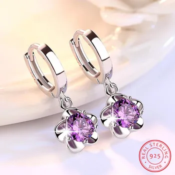 Plum Blossom Bujor Floare Violet Cristal Roșu 925 Sterling Silver Cercei Jwelry Pentru Femei Hoop Cercei Oorringen Zilver