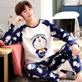 Primavara Toamna Barbati Pijamale de Bumbac Scrisoare cu Dungi Pijamale Desene animate Pijama Seturi Casual Somn&Lounge Pijamale Homewear