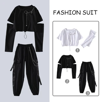 Primavara Toamna Femei Trendy Harajuku Pantaloni de Marfă se Răcească Frumos Costum din Două piese Gothic Punk Lanț Topuri cu Maneci Lungi +Panglica Pantaloni