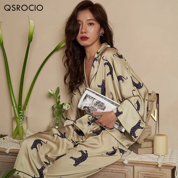 QSROCIO de Înaltă Calitate pentru Femei Set de Pijama de Lux Leopard de Imprimare Vrac Top Pijamale de Mătase Ca îmbrăcăminte de noapte de Agrement Homewear Femme