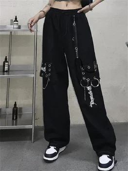 QWEEK Gotic Streetwear Pantaloni Femei Techwear Y2K Punk Lant Supradimensionat Largi Largi Picior Pantaloni Pentru Femei Hippie Mall Goth
