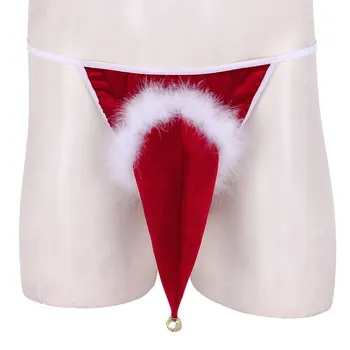 Roșu Mens Lenjerie Sexy Chilotei Catifea Pălărie Moș Crăciun, Vacanță de Lux Cosplay Costum G-string Tanga Lenjerie de corp cu Clopot Mic