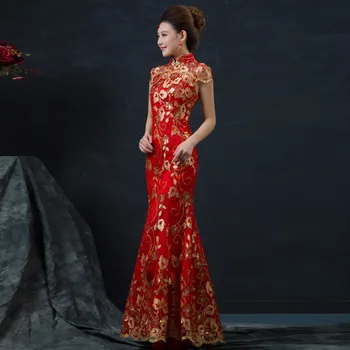 Roșu Rochie de Mireasa din China de sex Feminin Lungă Maneca Scurta Cheongsam Aur Subțire Tradițională Chineză Rochie Femei Qipao pentru Petrecerea de Nunta