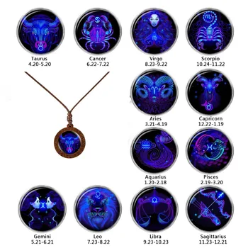 Semne Zodiacale 12 Constelații De Sticlă Lemn Pandantiv Colier Femei Bărbați Ziua De Nastere Cadou De Crăciun En-Gros De Bijuterii De Moda